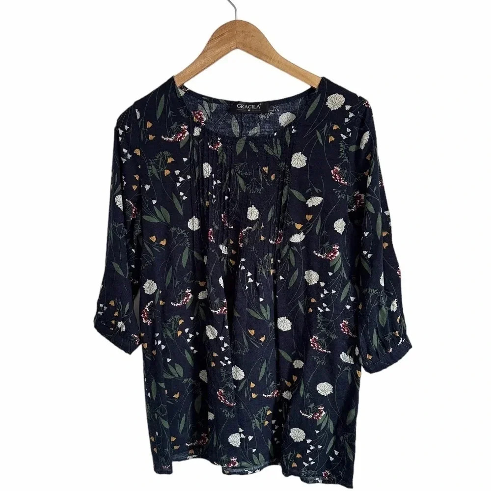 Graciela Navy Blue Over Size Floral Blouse Size Medium 100% Cotton